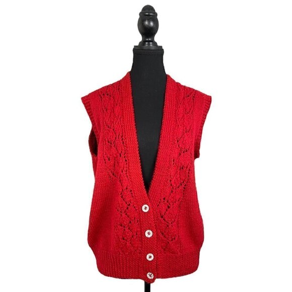 Vintage 90s Red Knit Sailor Style Sweater Vest Soft Pointelle V-Neck Cozy Layer - Picture 2 of 6